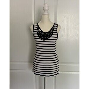 Womens Tank Top Ribbed White Black Stripes Sz M Scoop Neck Lace Trim Moka Sport